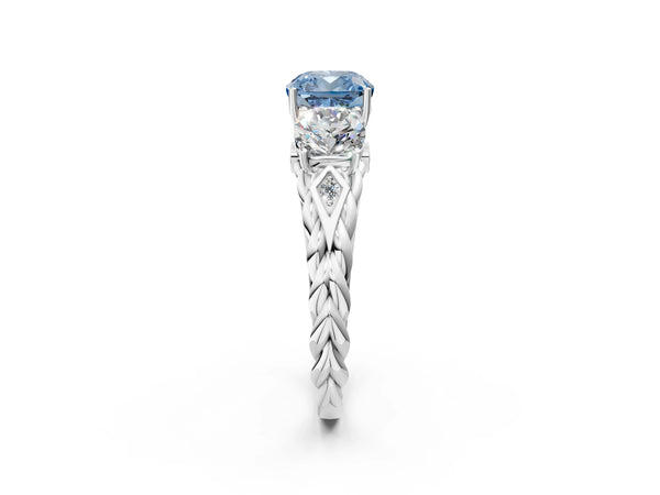 Platinum Three-Stone Fancy Blue Cushion Cut Diamond Braided Band Ring with Four-Prong Setting