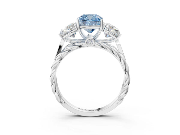 Platinum Three-Stone Fancy Blue Cushion Cut Diamond Braided Band Ring with Four-Prong Setting
