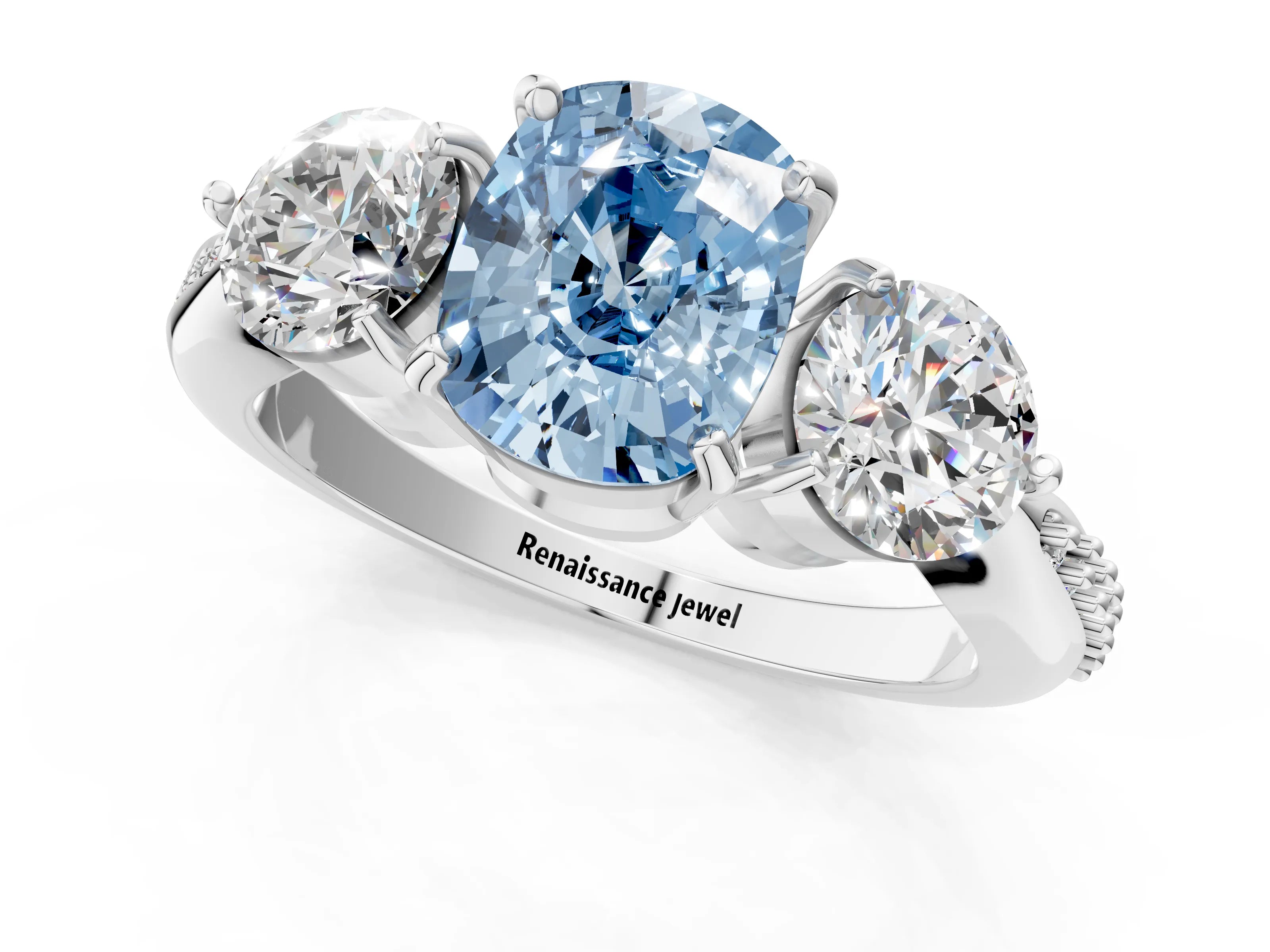 White gold Three-Stone Fancy Blue Cushion Cut Diamond Channel Set Engagement Ring with Prong Setting_13