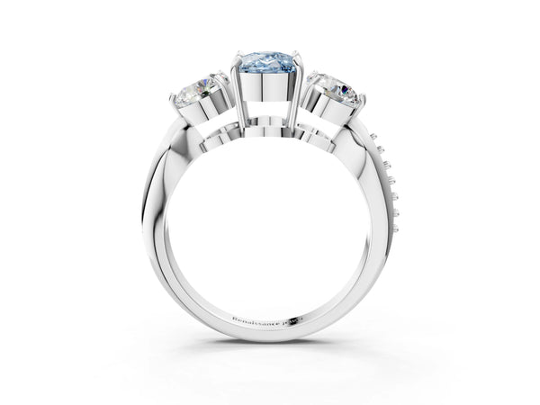 Platinum Three-Stone Fancy Blue Cushion Cut Diamond Channel Set Engagement Ring with Prong Setting