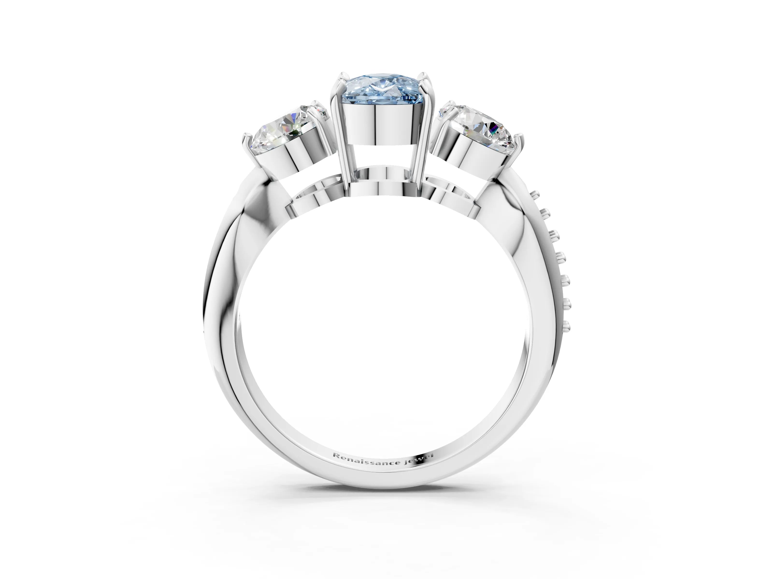 White gold Three-Stone Fancy Blue Cushion Cut Diamond Channel Set Engagement Ring with Prong Setting_15