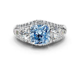 White gold Three-Stone Fancy Blue Cushion Cut Diamond Engagement Ring with Pave Band and Prong Setting_12