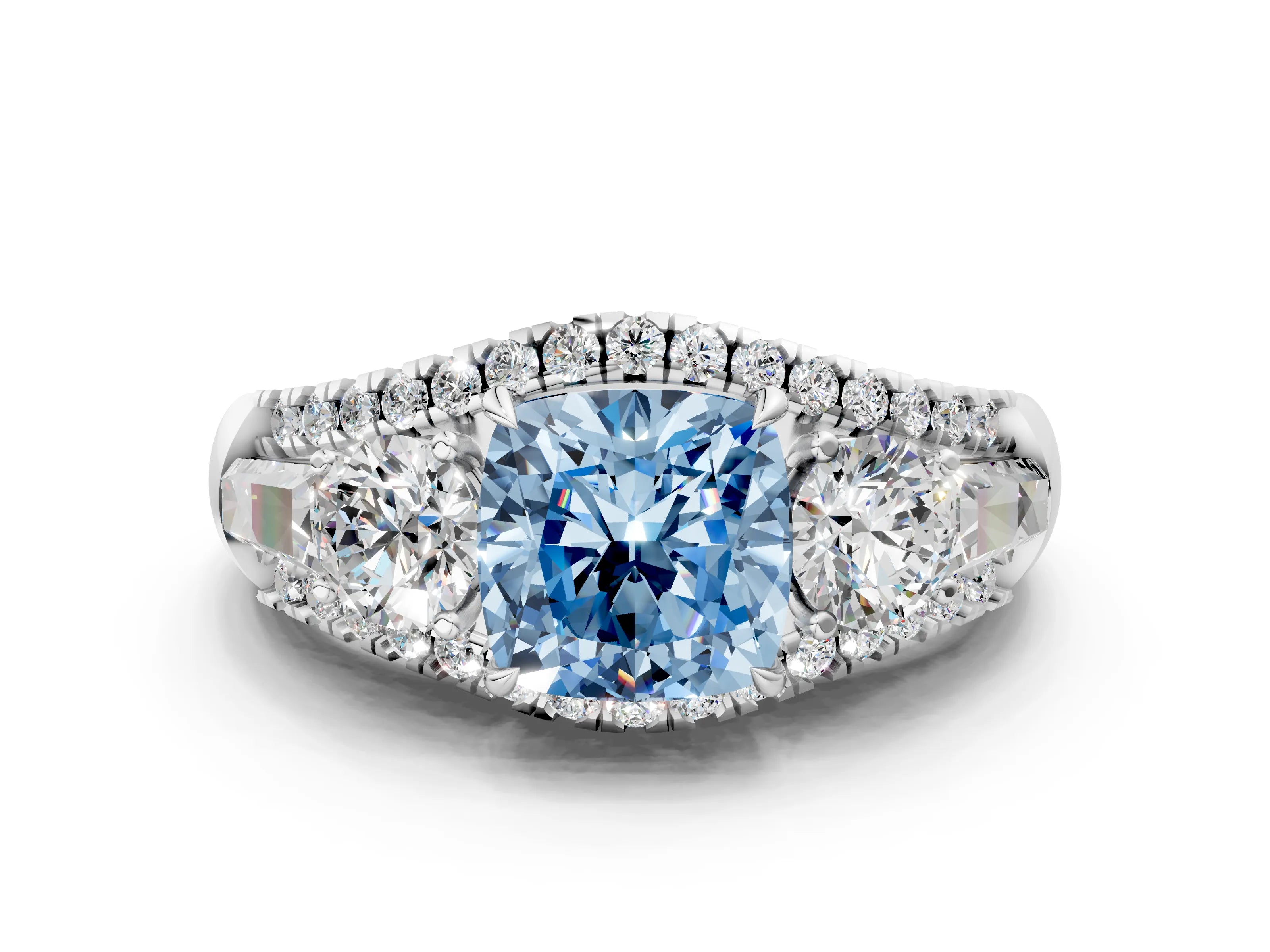 White gold Three-Stone Fancy Blue Cushion Cut Diamond Engagement Ring with Pave Band and Prong Setting_12