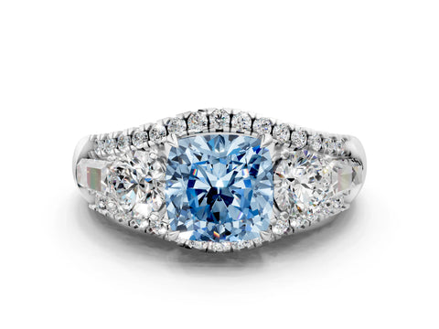 White gold Three-Stone Fancy Blue Cushion Cut Diamond Engagement Ring with Pave Band and Prong Setting_12