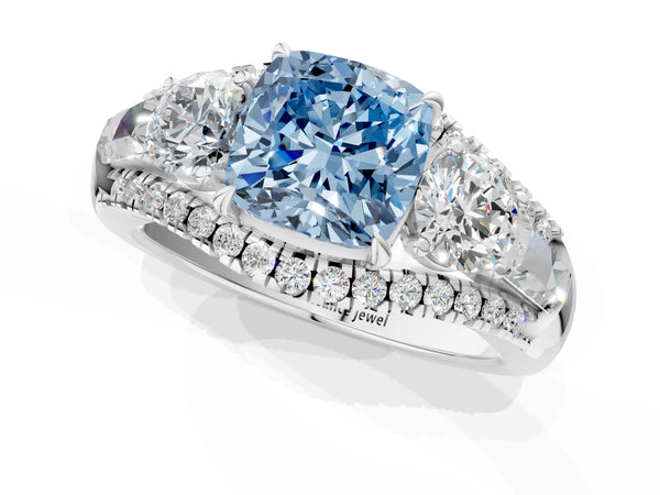 Platinum Three-Stone Fancy Blue Cushion Cut Diamond Engagement Ring with Pave Band and Prong Setting