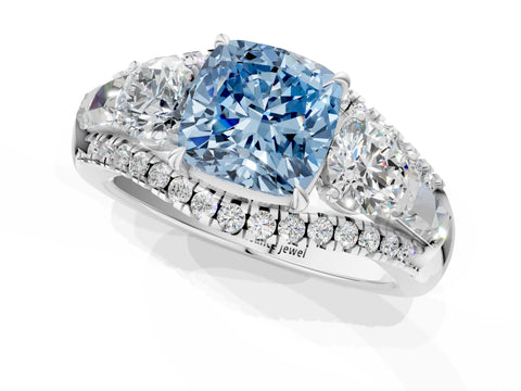 White gold Three-Stone Fancy Blue Cushion Cut Diamond Engagement Ring with Pave Band and Prong Setting_13