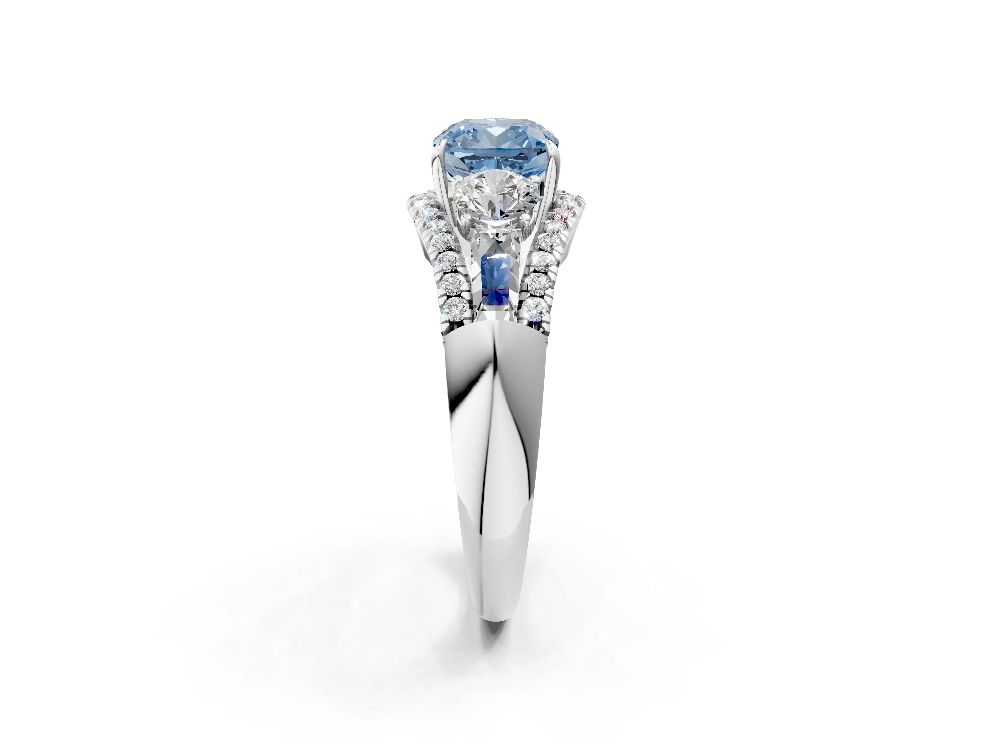 White gold Three-Stone Fancy Blue Cushion Cut Diamond Engagement Ring with Pave Band and Prong Setting_14