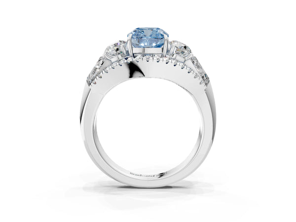 Platinum Three-Stone Fancy Blue Cushion Cut Diamond Engagement Ring with Pave Band and Prong Setting
