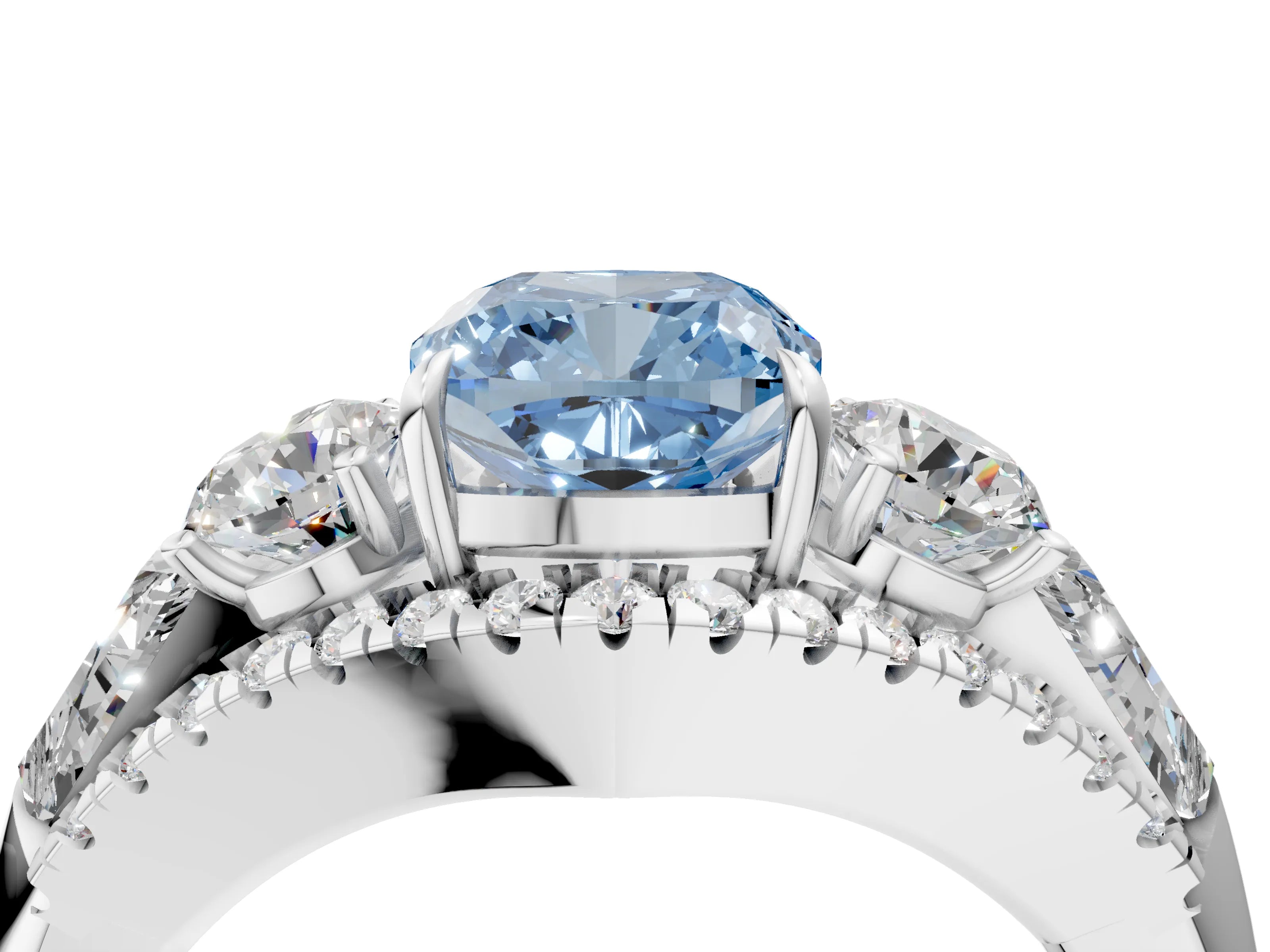 White gold Three-Stone Fancy Blue Cushion Cut Diamond Engagement Ring with Pave Band and Prong Setting_16