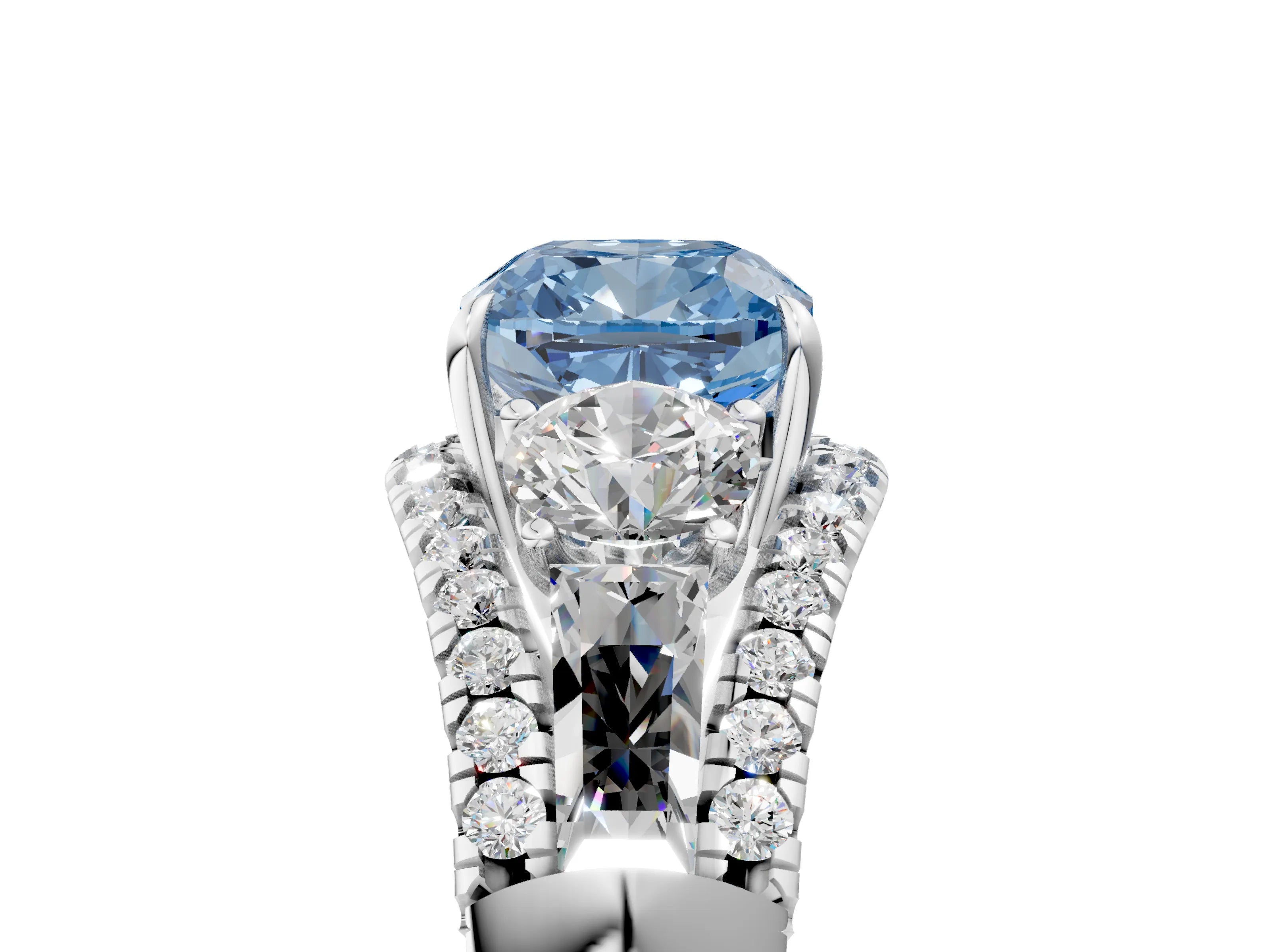 White gold Three-Stone Fancy Blue Cushion Cut Diamond Engagement Ring with Pave Band and Prong Setting_17