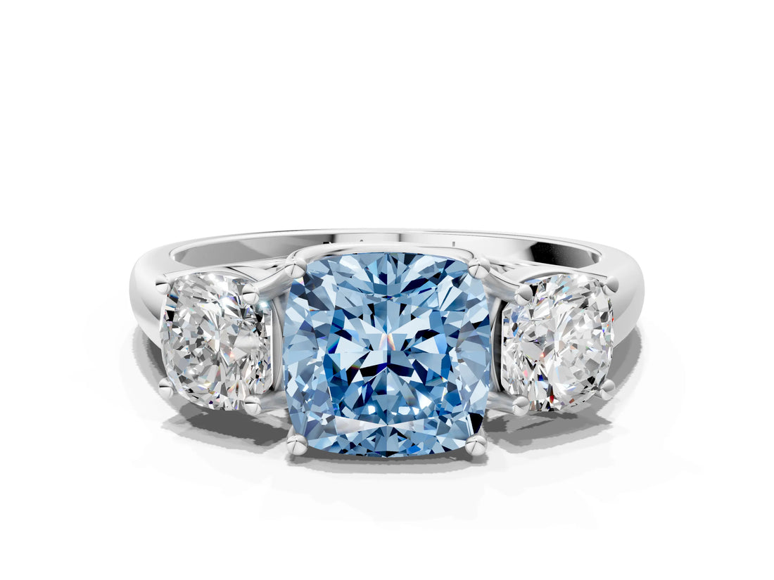 White gold Three-Stone Fancy Blue Cushion Cut Diamond Engagement Ring with Prong Setting_15