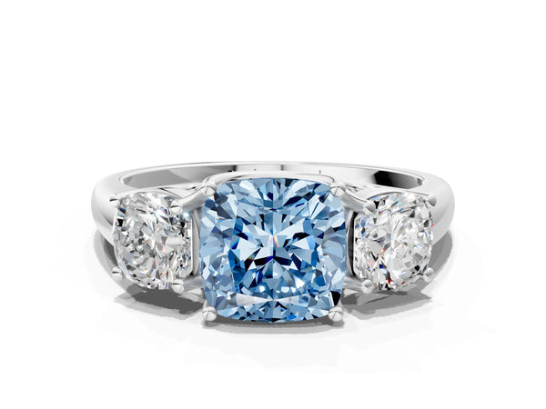 White gold Three-Stone Fancy Blue Cushion Cut Diamond Engagement Ring with Prong Setting