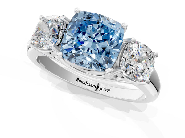 White gold Three-Stone Fancy Blue Cushion Cut Diamond Engagement Ring with Prong Setting