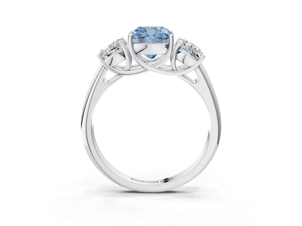 White gold Three-Stone Fancy Blue Cushion Cut Diamond Engagement Ring with Prong Setting