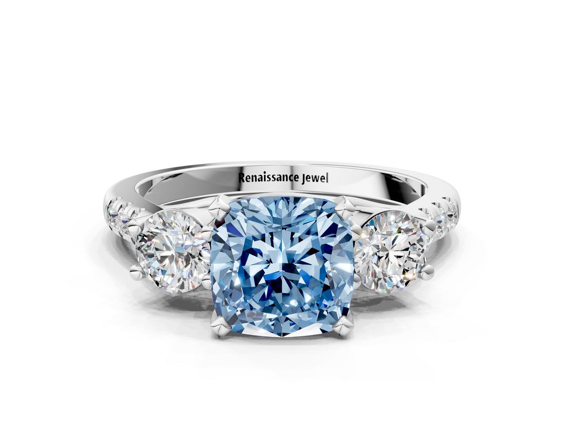 White gold Three-Stone Fancy Blue Cushion  Cut Diamond Pavé Band with Four-Prong Setting_28