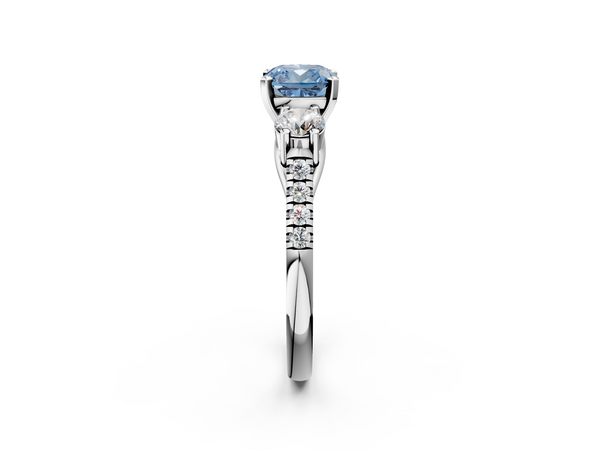 Platinum Three-Stone Fancy Blue Cushion Cut Diamond Pavé Band with Four-Prong Setting