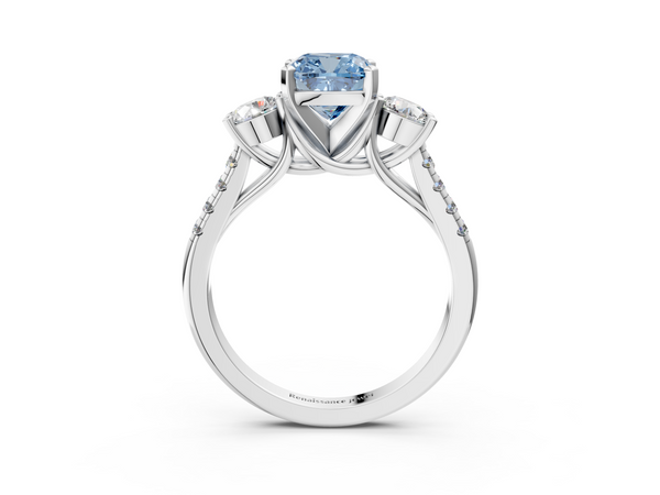 Platinum Three-Stone Fancy Blue Cushion Cut Diamond Pavé Band with Four-Prong Setting