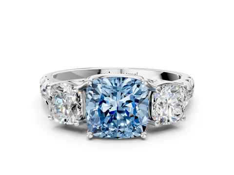 White gold Three-Stone Fancy Blue Cushion Cut Diamond Pavé Band with Prong Setting_12