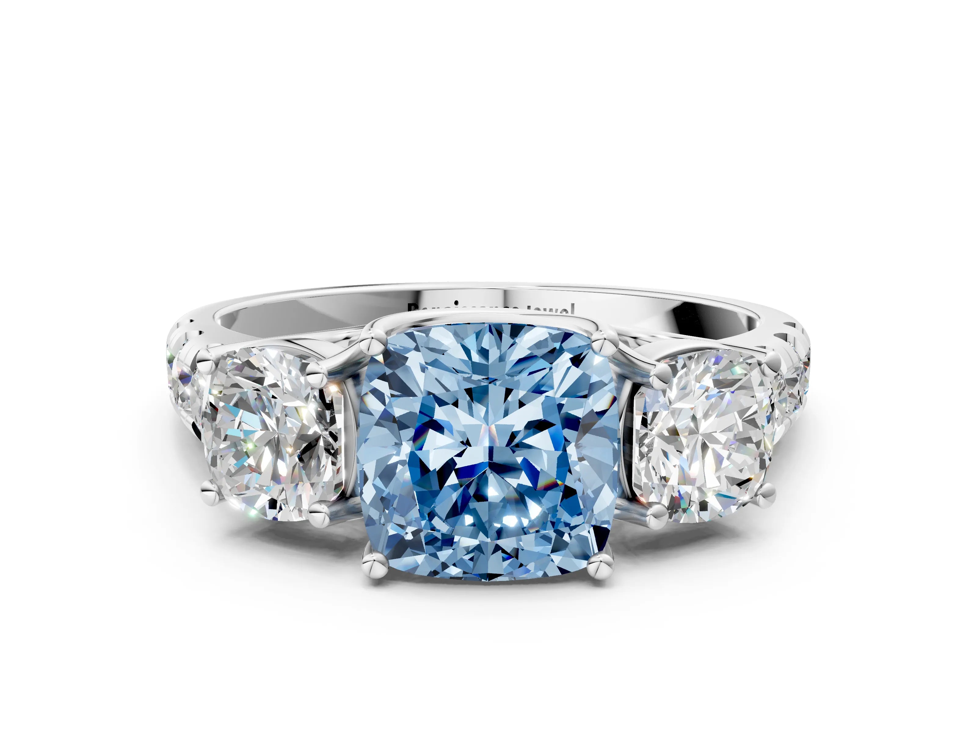 White gold Three-Stone Fancy Blue Cushion Cut Diamond Pavé Band with Prong Setting_12