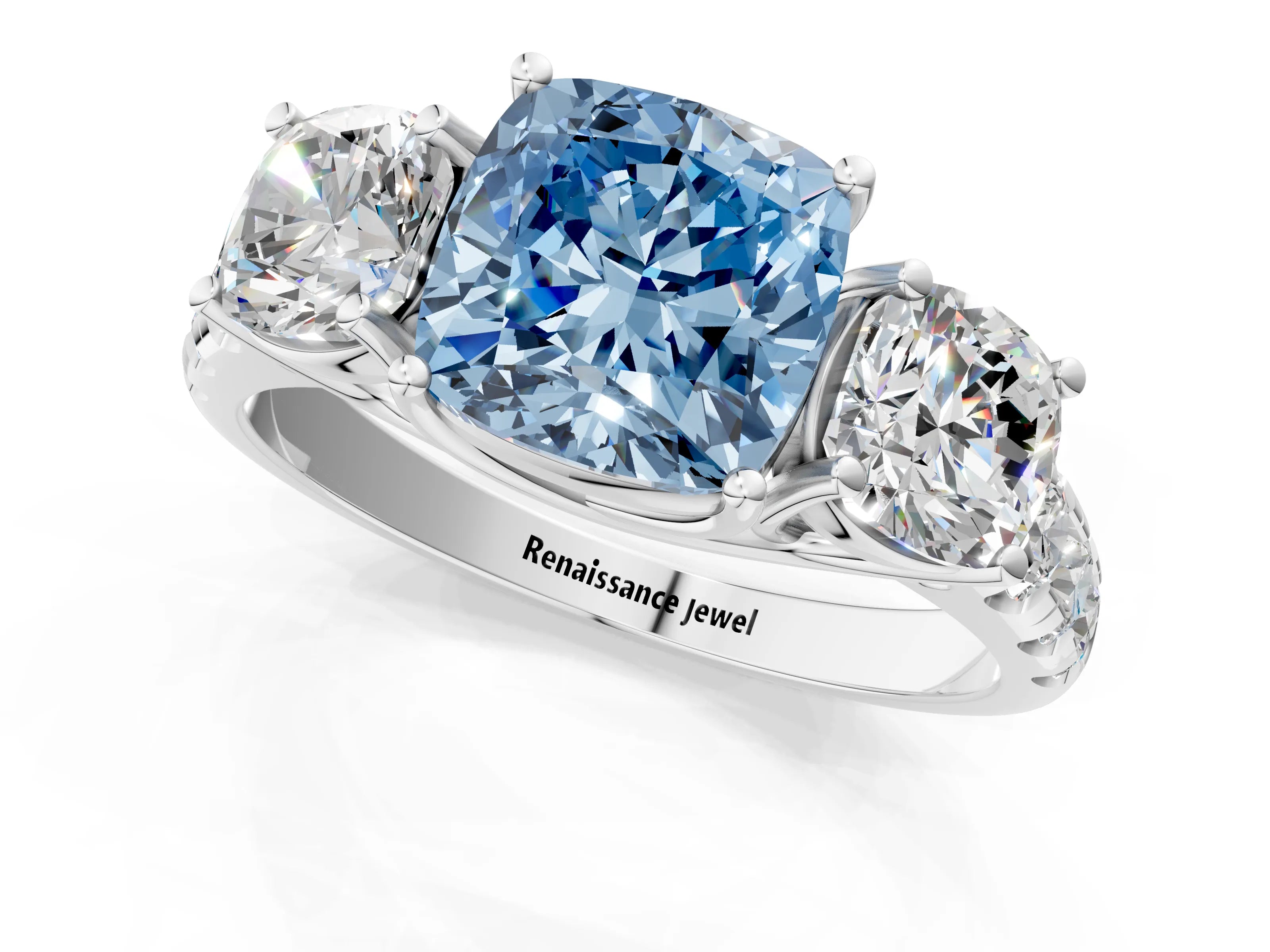 White gold Three-Stone Fancy Blue Cushion Cut Diamond Pavé Band with Prong Setting_13