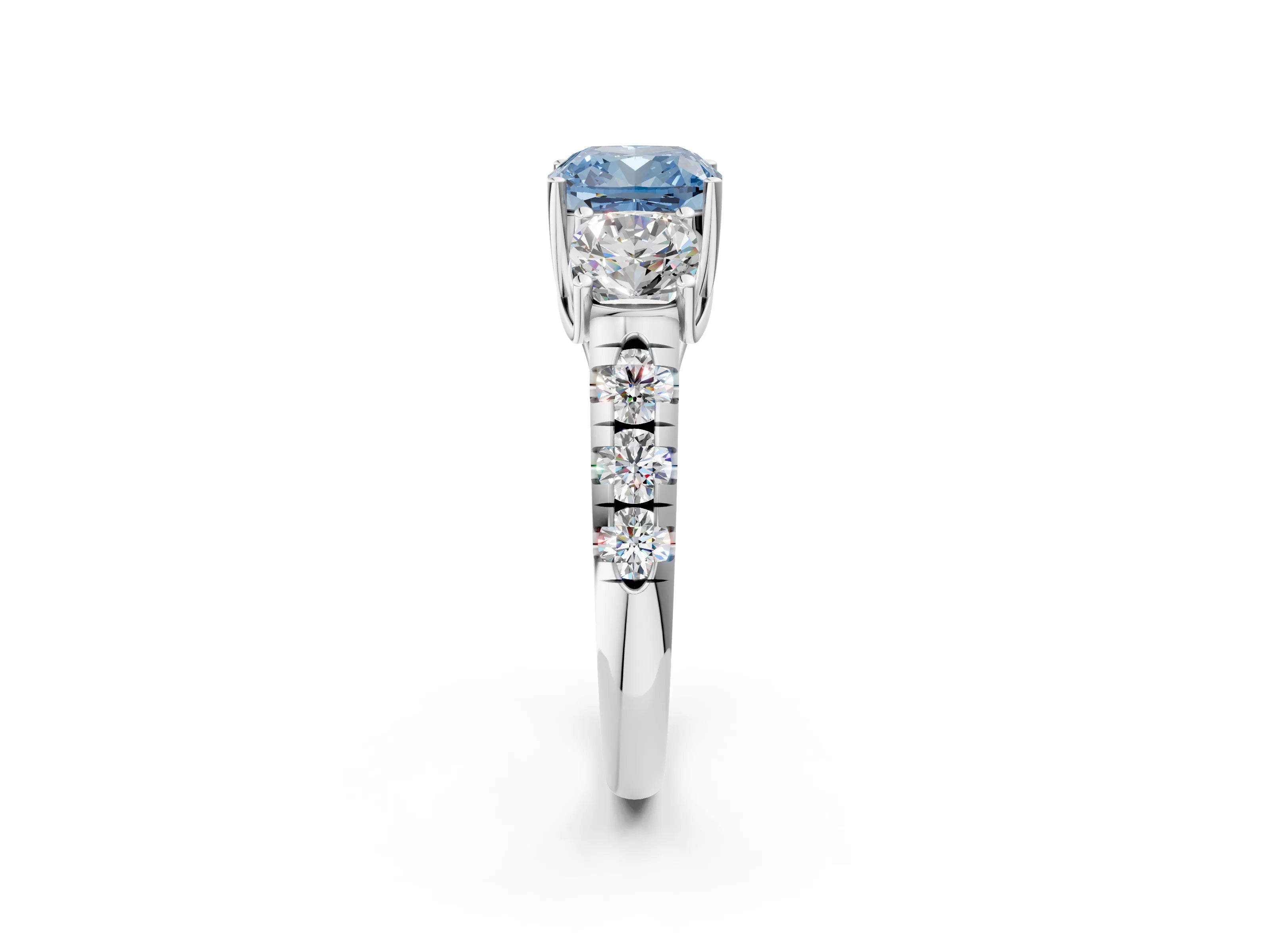 White gold Three-Stone Fancy Blue Cushion Cut Diamond Pavé Band with Prong Setting_14