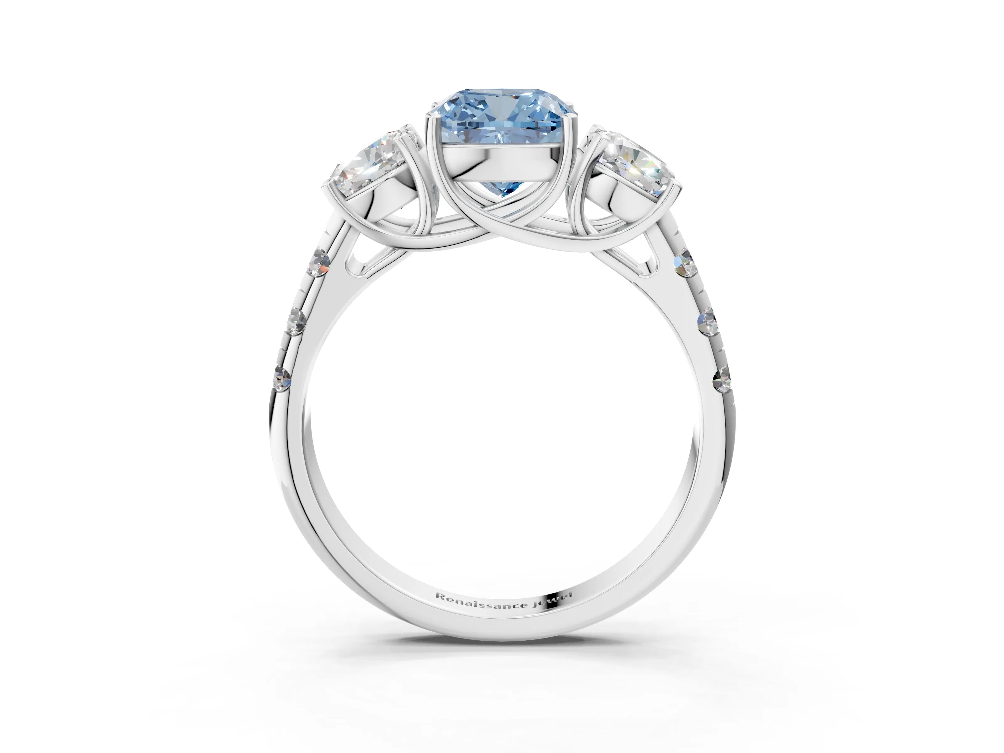 White gold Three-Stone Fancy Blue Cushion Cut Diamond Pavé Band with Prong Setting_15