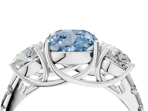 White gold Three-Stone Fancy Blue Cushion Cut Diamond Pavé Band with Prong Setting_16