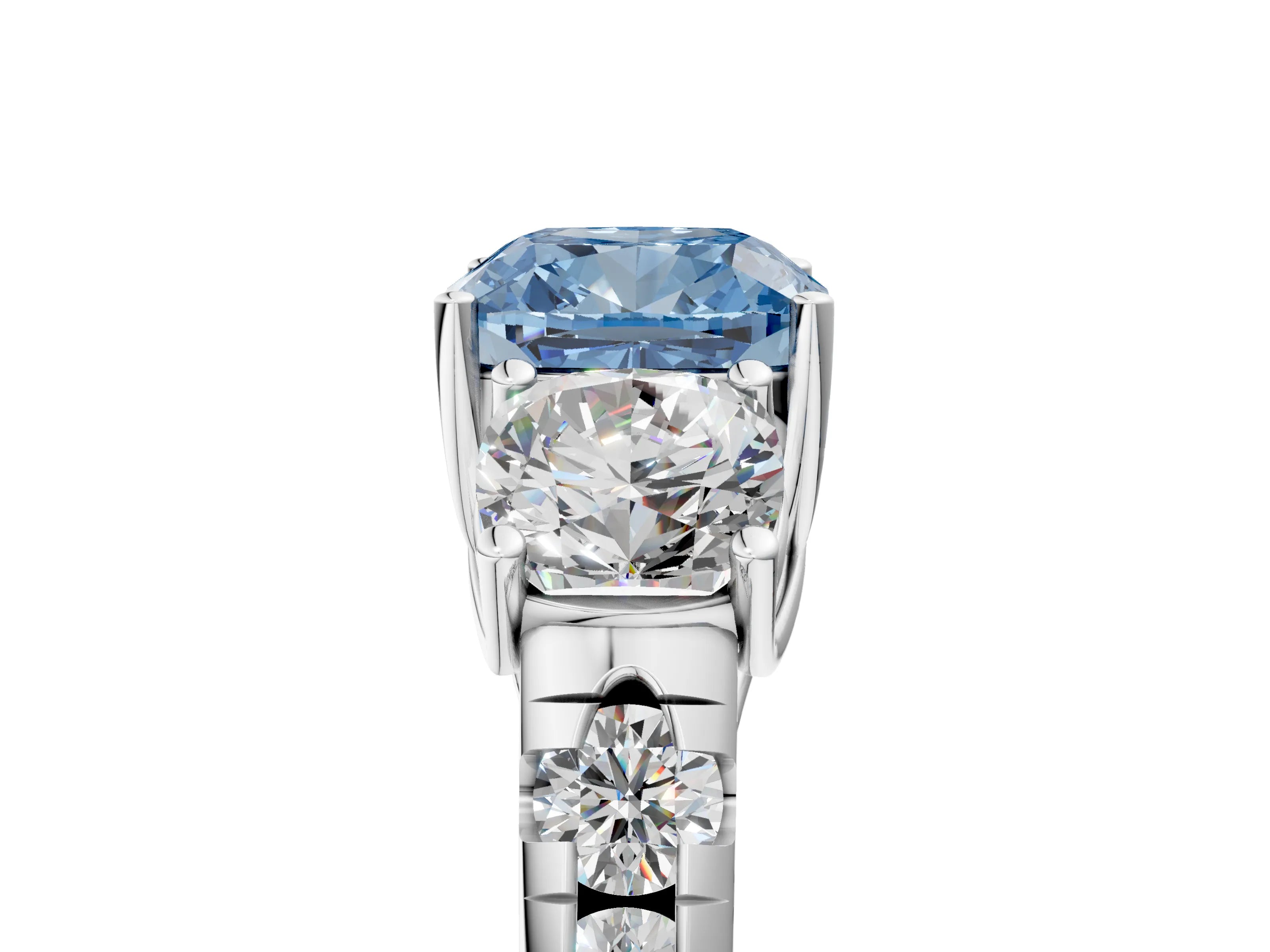 White gold Three-Stone Fancy Blue Cushion Cut Diamond Pavé Band with Prong Setting_17