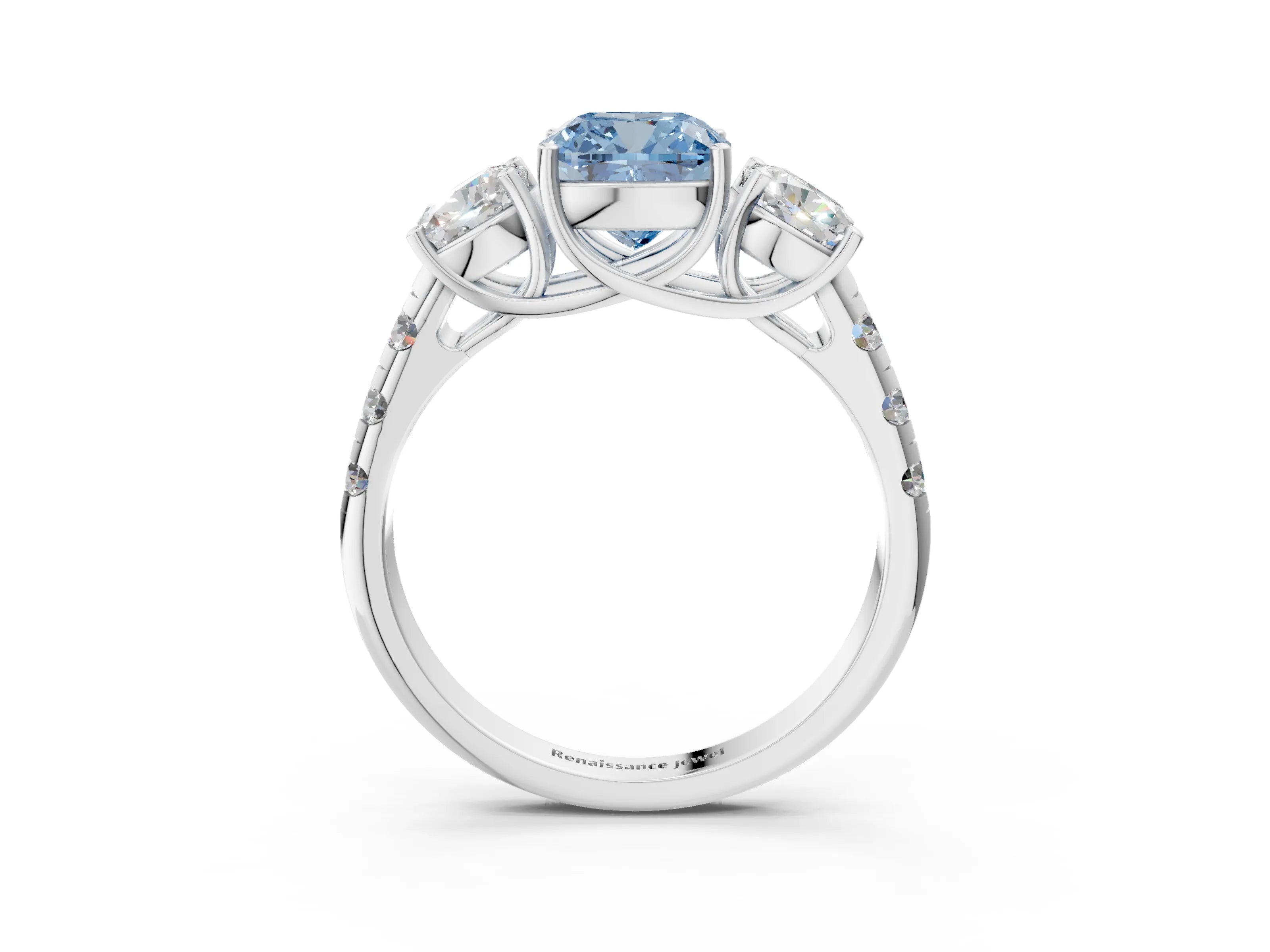 White gold Three-Stone Fancy Blue Cushion Cut Diamond Pavé Band with Prong Setting_3