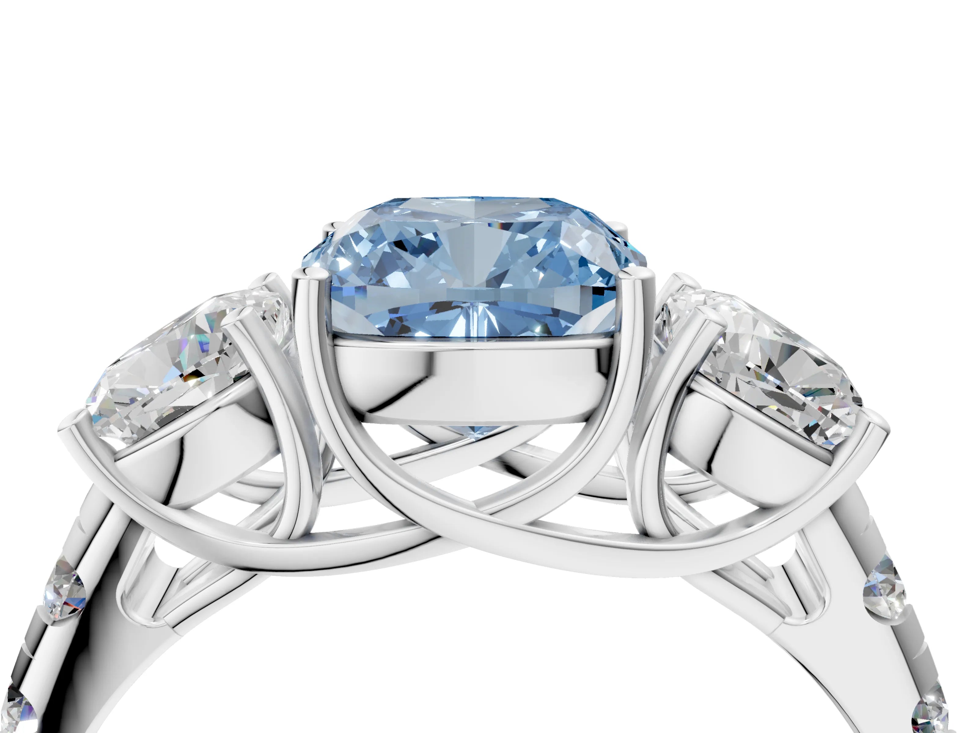 White gold Three-Stone Fancy Blue Cushion Cut Diamond Pavé Band with Prong Setting_4