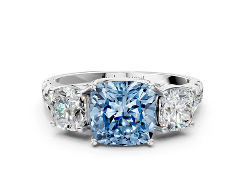 White gold Three-Stone Fancy Blue Cushion Cut Diamond Pavé Band with Prong Setting