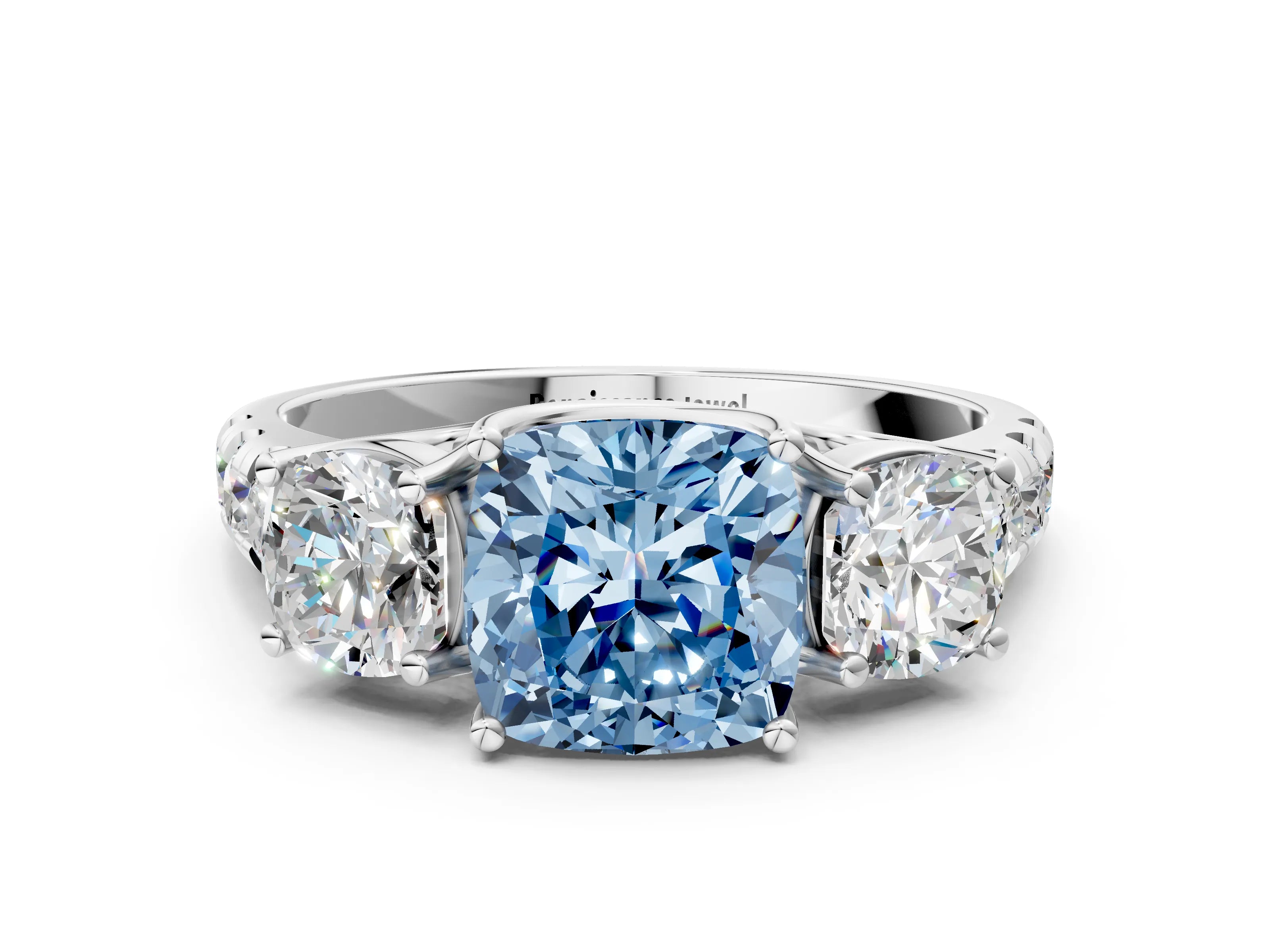 White gold Three-Stone Fancy Blue Cushion Cut Diamond Pavé Band with Prong Setting