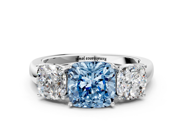 White gold Fancy Blue Cushion Cut Diamond Three-Stone Ring with Four-Prong Setting and Classic Band