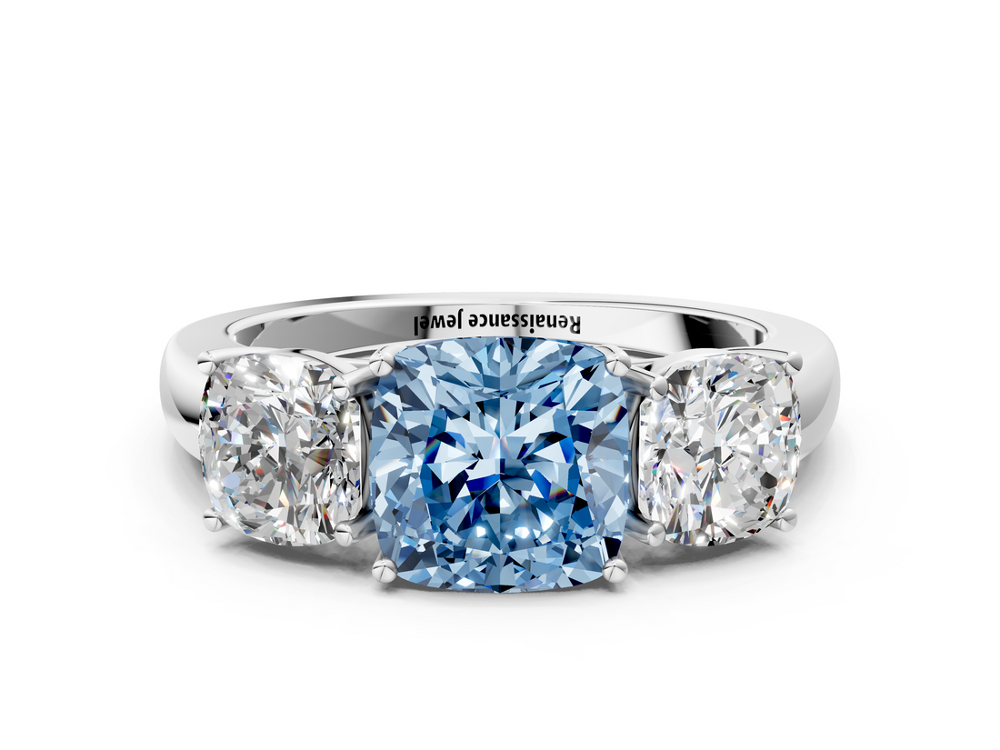 White gold Three-Stone Fancy Blue Cushion  Cut Diamond Ring with Channel-Set Band and Four-Prong Setting_83