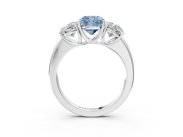 White gold Fancy Blue Cushion Cut Diamond Three-Stone Ring with Four-Prong Setting and Classic Band