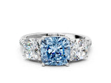 White gold Three-Stone Fancy Blue Cushion Cut Diamond Ring with Pavé Band and Prong Setting_128