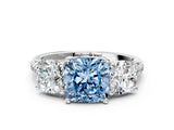 White gold Three-Stone Fancy Blue Cushion Cut Diamond Ring with Pavé Band and Prong Setting_140