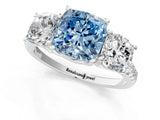 White gold Three-Stone Fancy Blue Cushion Cut Diamond Ring with Pavé Band and Prong Setting_141