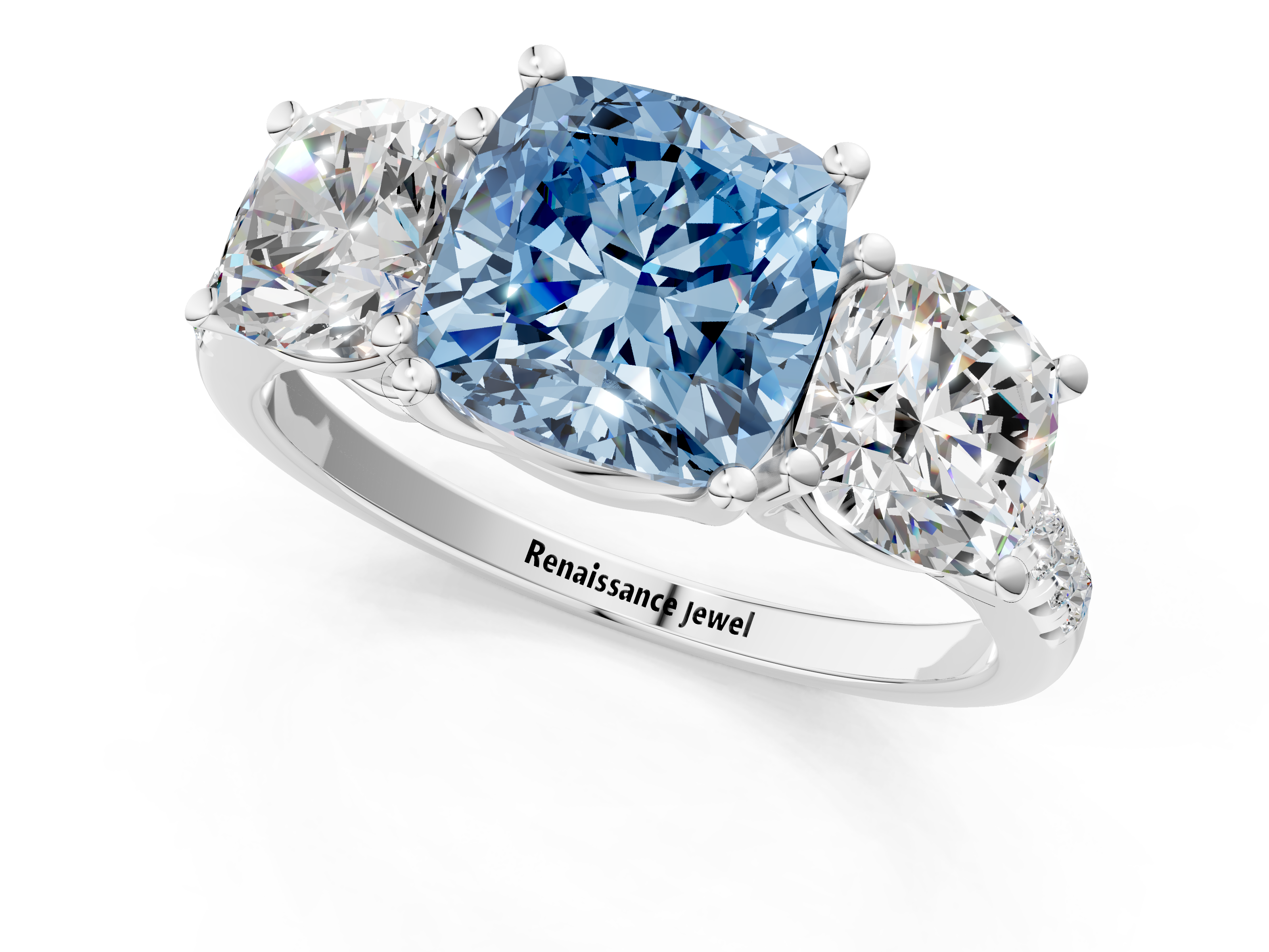 White gold Three-Stone Fancy Blue Cushion  Cut Diamond Ring with Pavé Band and Prong Setting_39