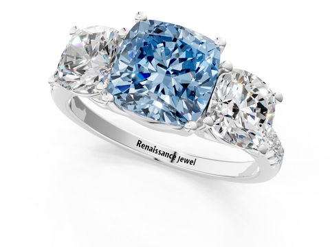 White gold Three-Stone Fancy Blue Cushion  Cut Diamond Ring with Pavé Band and Prong Setting_39