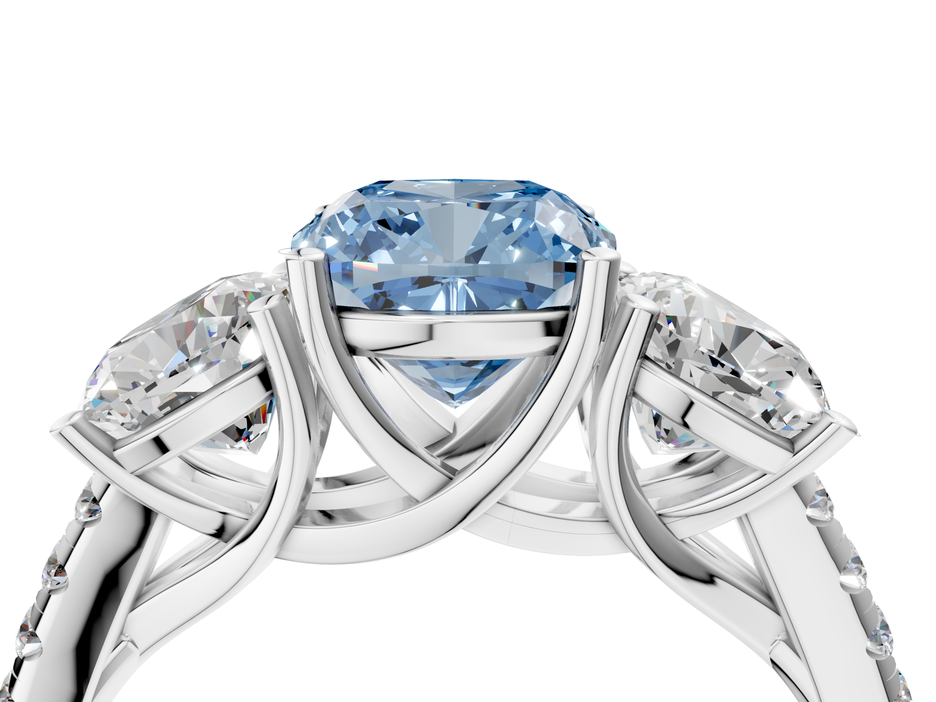 White gold Three-Stone Fancy Blue Cushion  Cut Diamond Ring with Pavé Band and Prong Setting_42
