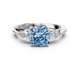 White gold Three-Stone Fancy Blue Cushion  Cut Diamond Ring with Pear Side Stones in Four-Prong Setting_109