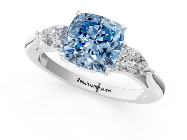 Platinum Three-Stone Fancy Blue Cushion  Cut Diamond Ring with Pear Side Stones in Four-Prong Setting