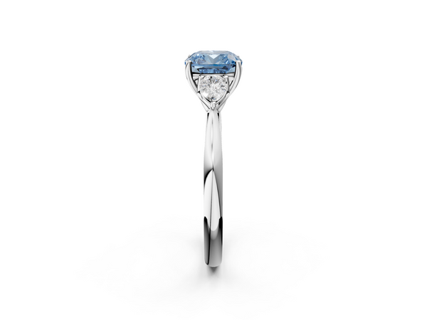 Platinum Three-Stone Fancy Blue Cushion  Cut Diamond Ring with Pear Side Stones in Four-Prong Setting