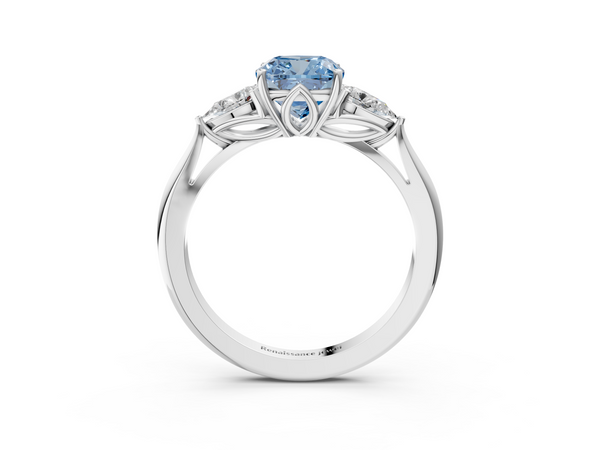 Platinum Three-Stone Fancy Blue Cushion  Cut Diamond Ring with Pear Side Stones in Four-Prong Setting