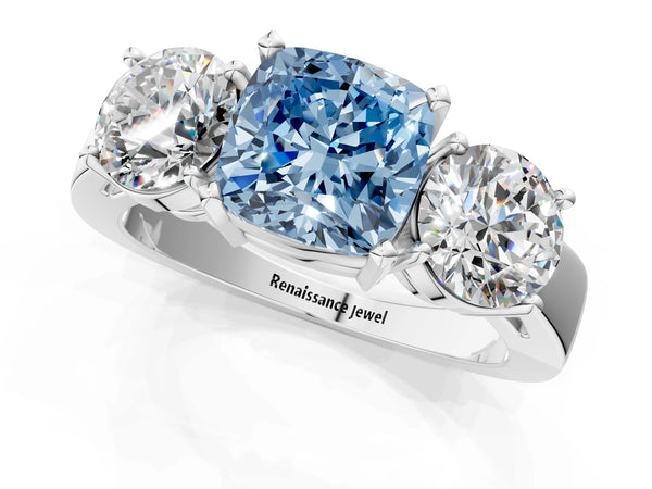 White gold Three-Stone Fancy Blue Cushion Cut Diamond Ring with Round Side Stones, Classic Band, and Four-Prong Setting