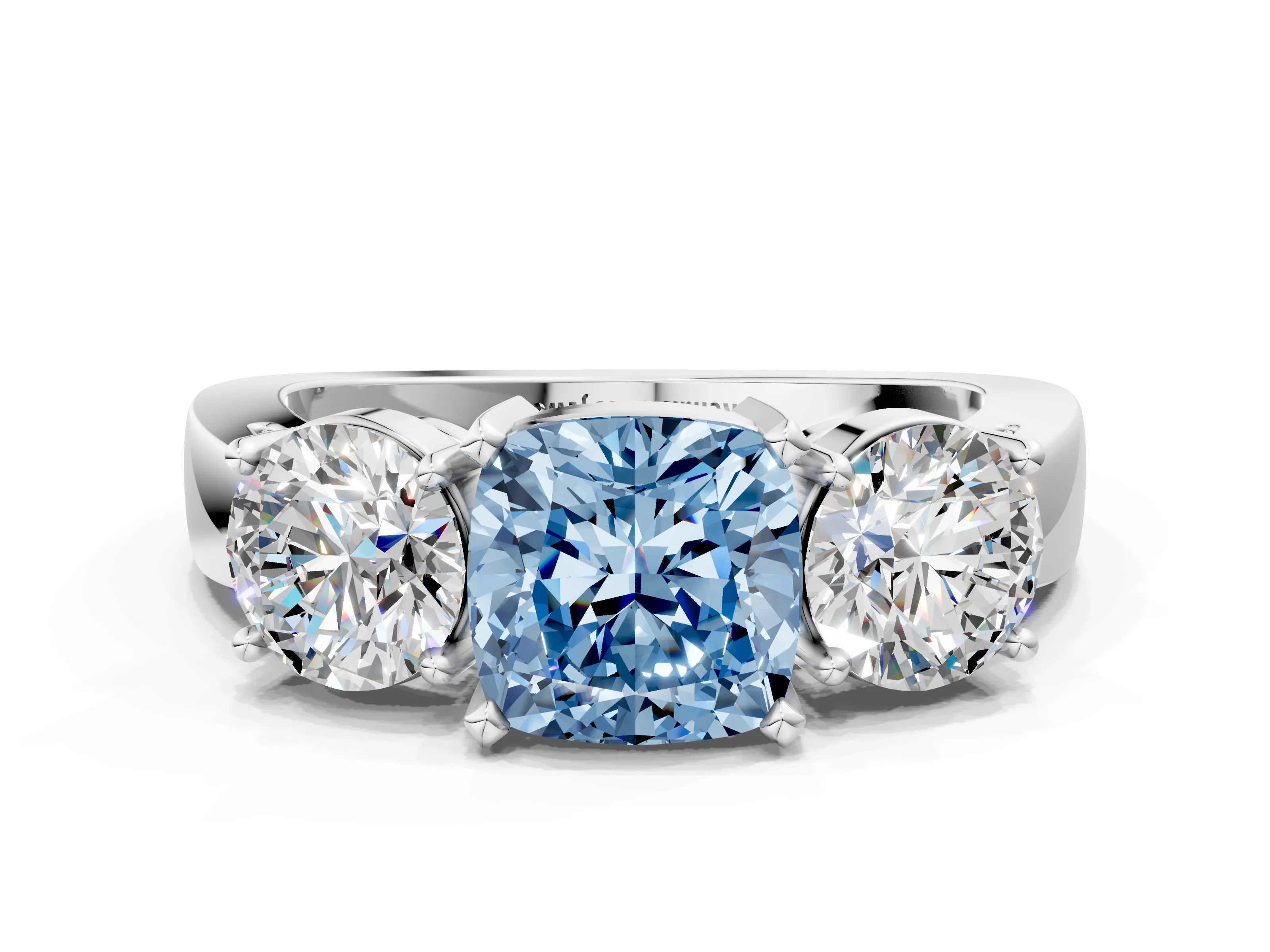 White gold Three-Stone Fancy Blue Cushion Cut Diamond Ring with Round Side Stones, Classic Band, and Four-Prong Setting
