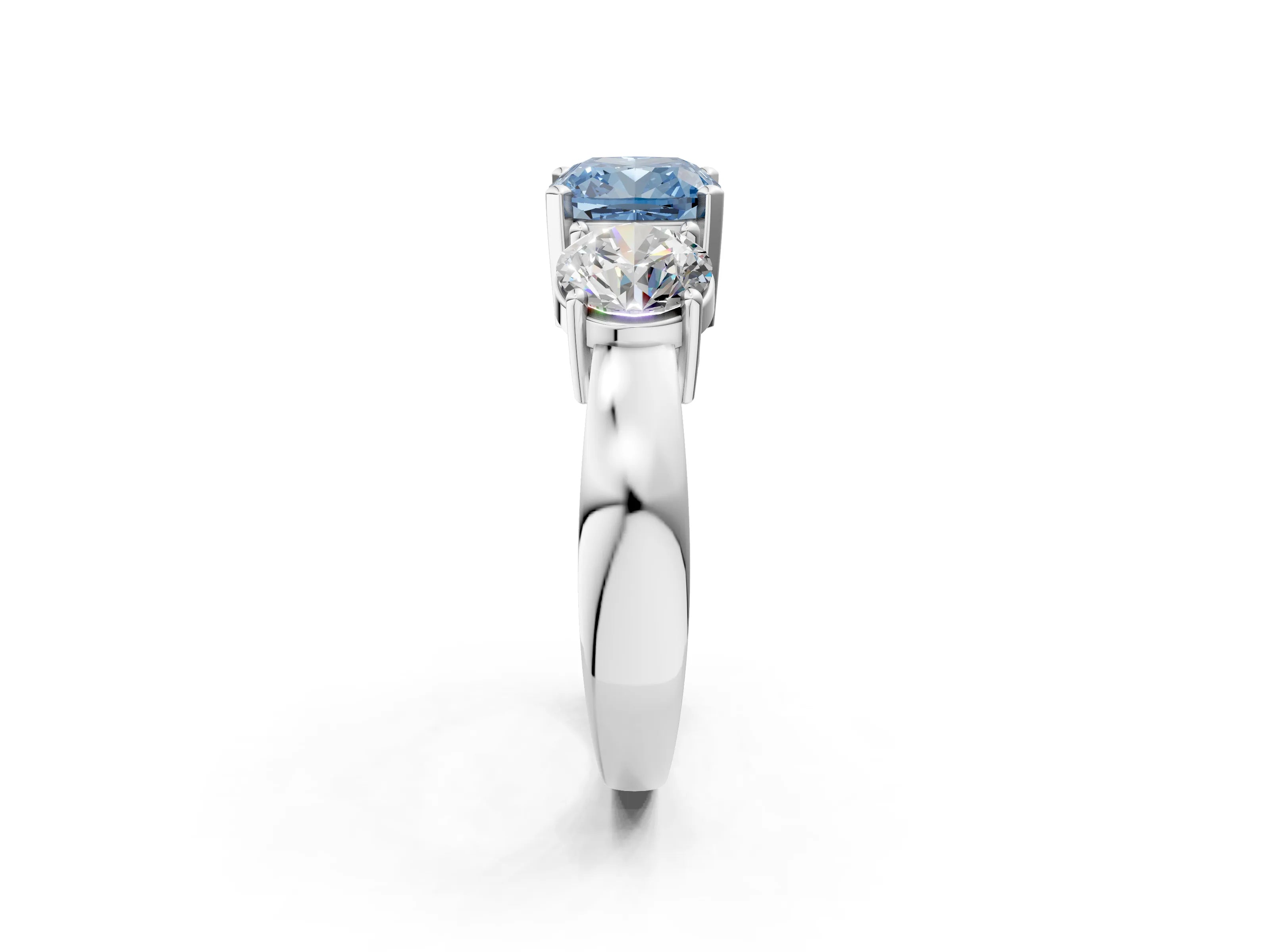 White gold Three-Stone Fancy Blue Cushion Cut Diamond Ring with Round Side Stones, Classic Band, and Four-Prong Setting_2