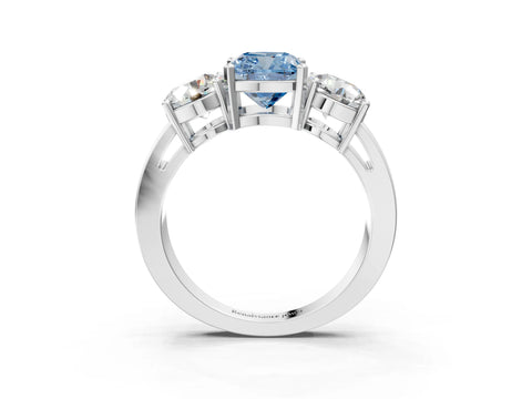 White gold Three-Stone Fancy Blue Cushion Cut Diamond Ring with Round Side Stones, Classic Band, and Four-Prong Setting_3