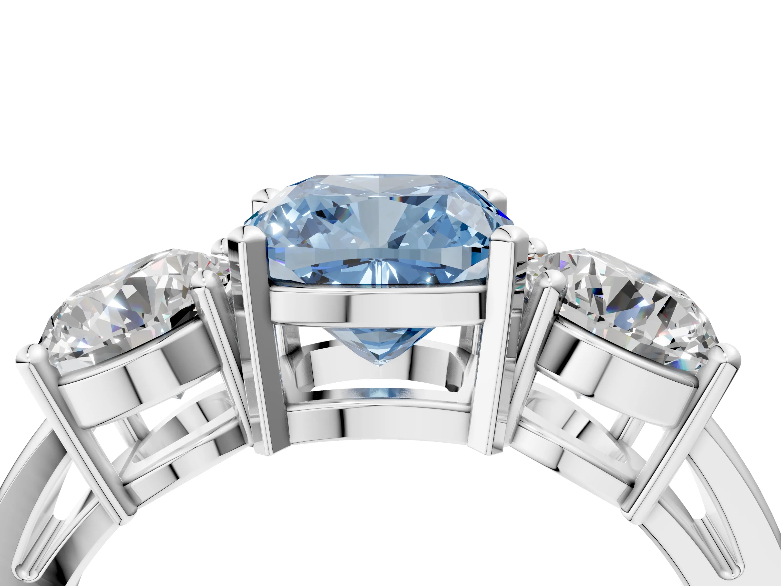 White gold Three-Stone Fancy Blue Cushion Cut Diamond Ring with Round Side Stones, Classic Band, and Four-Prong Setting_4